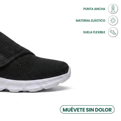 Nahaufnahme der Schuhspitze des schwarzen Netzschuhs mit breiter Zehenbox, elastischem Material und flexibler weißer Sohle, Merkmale mit Symbolen markiert. 23