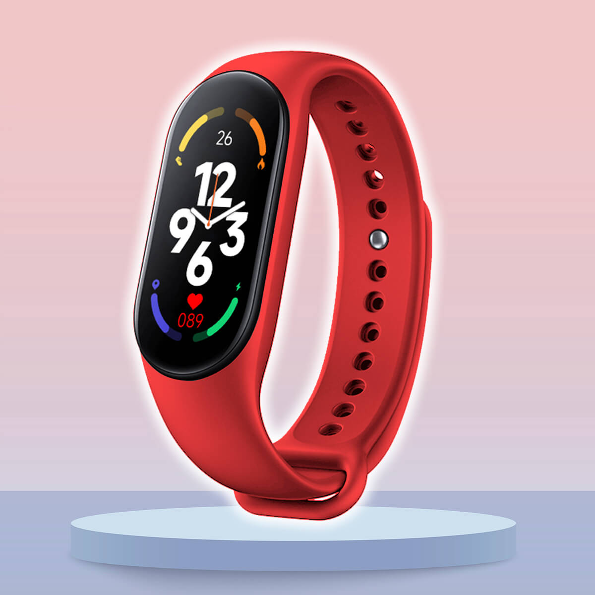 Rotes Fitnessarmband mit digitalem Display, Herzfrequenzmesser, Schrittzähler, modernem Design.