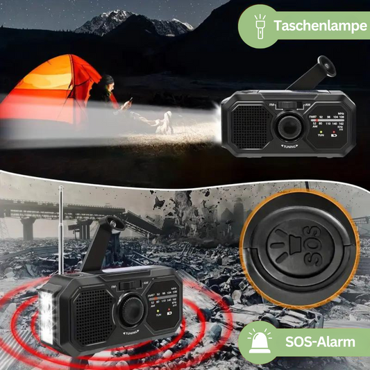 Tragbares Notfallradio mit Taschenlampe, SOS-Alarm, Solar- und Kurbelbetrieb, schwarz.