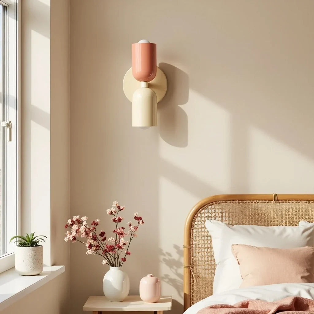Wandleuchte in Lachsrosa und Creme über einem Beistelltisch mit Blumenvase, daneben ein Bett mit Rattan-Kopfteil im Sonnenlicht. 2