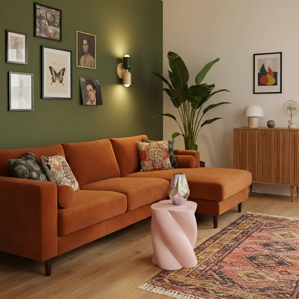 Wandleuchte mit dunkelgrünem und cremefarbenem Schirm an grüner Wand über einem orangefarbenen Ecksofa im Wohnzimmer. 9