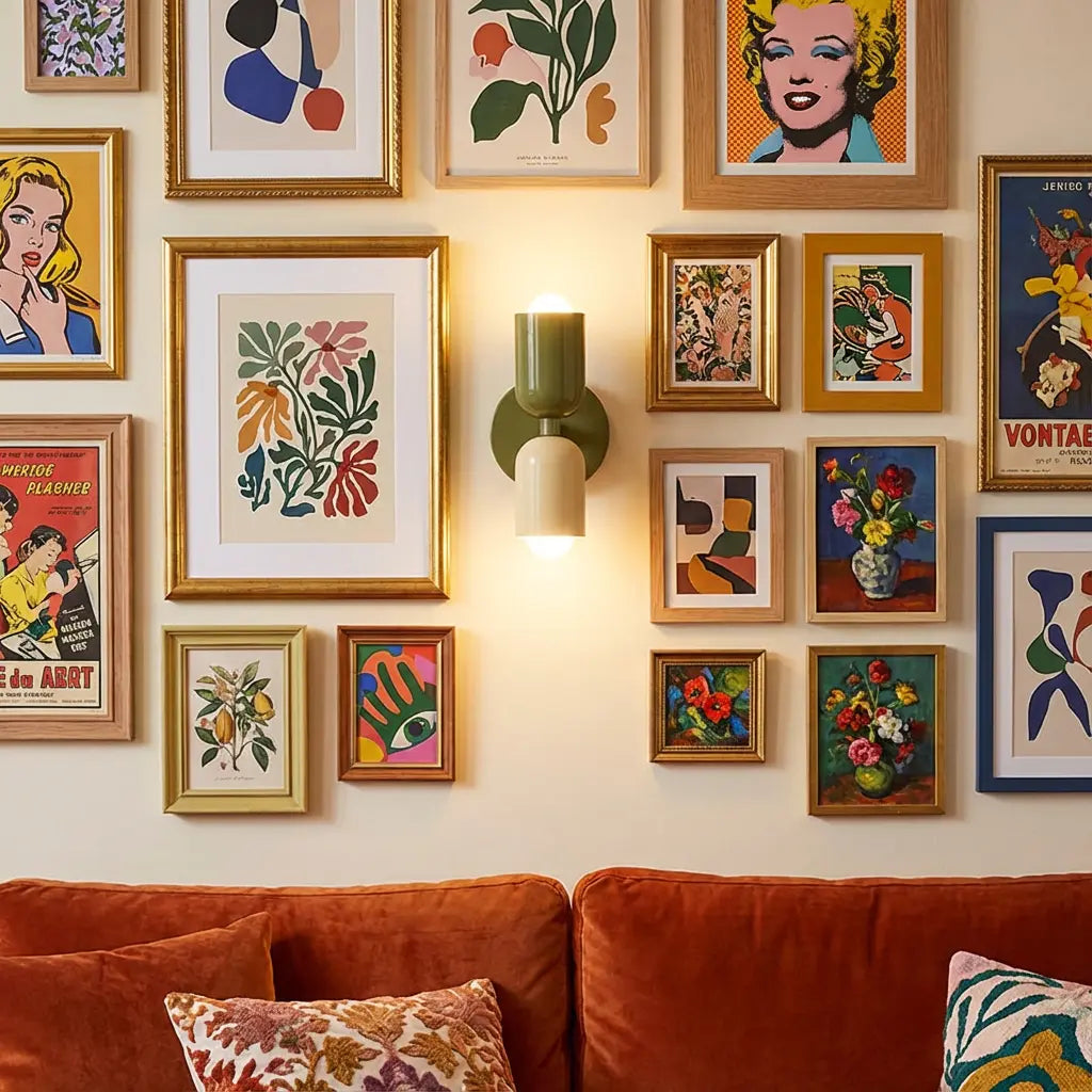 Grün-cremefarbene Wandleuchte leuchtet mitten in einer Bildergalerie mit vielen gerahmten Kunstdrucken über einem orangefarbenen Samtsofa. 6