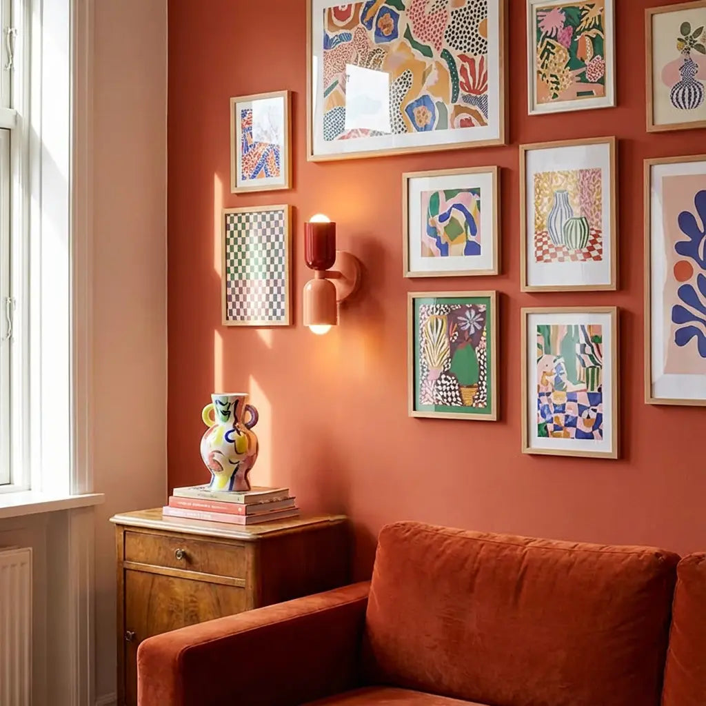 Wandleuchte mit dunkelrotem und rosa Schirm an einer Terrakottawand zwischen bunten Bildern, darunter ein Samtsofa und eine Kommode. 5