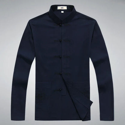 Traditionelle chinesische Tang-Anzugjacke für Herren, dunkelblau, Baumwolle, Stehkragen.