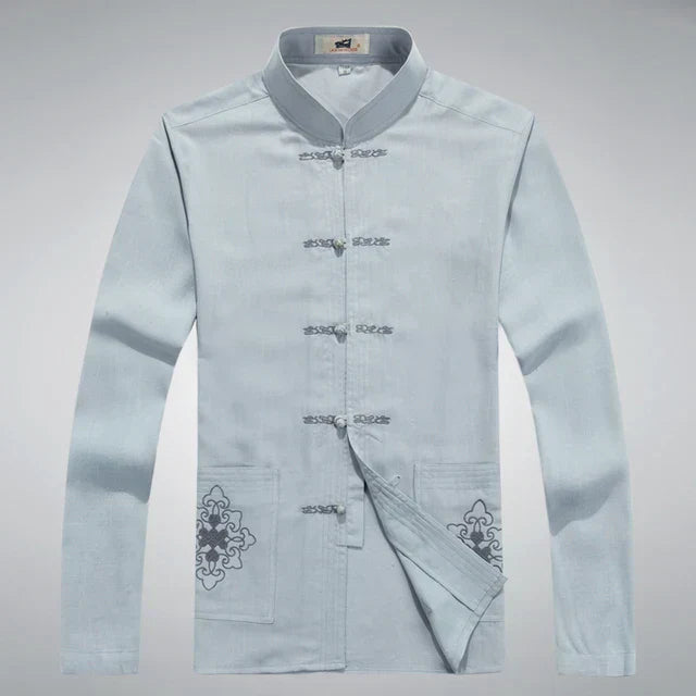 Traditionelle chinesische Tang-Jacke für Herren, hellblau, Baumwolle, bestickte Details.