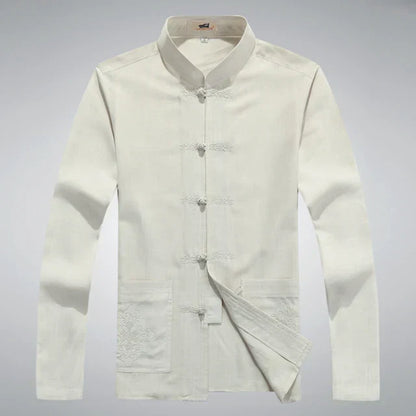 Traditionelle chinesische Tang-Anzugjacke für Herren, weiß, Baumwolle, Stehkragen, Knopfverschluss.