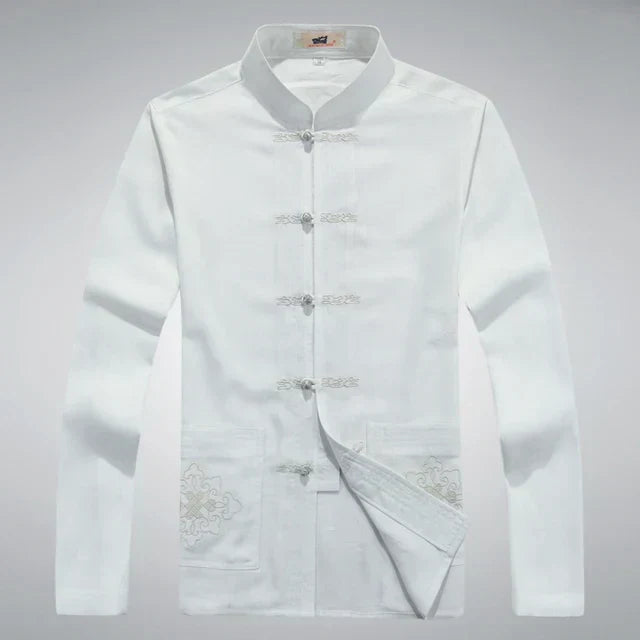 Traditionelle chinesische Tang-Jacke für Herren, weiß, Baumwolle, bestickt, Stehkragen.
