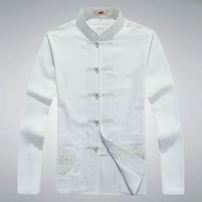 Traditionelle chinesische Tang-Jacke für Herren, weiß, Baumwolle, bestickt, Stehkragen.