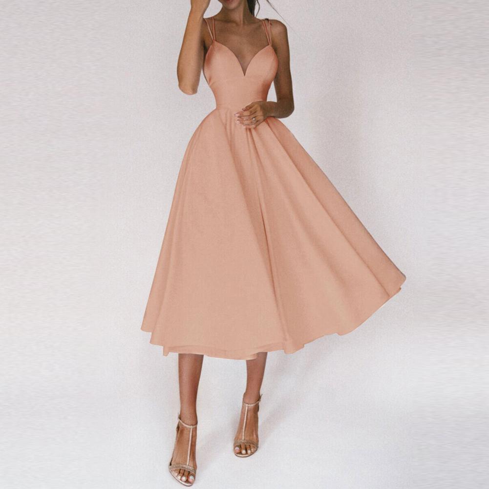 Damen Sommerkleid, rosa, ärmellos, V-Ausschnitt, knielang, elegantes Design, Abendmode.