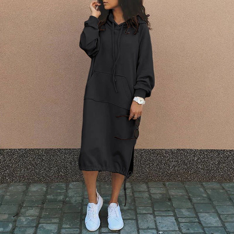Damen Kapuzenkleid in Schwarz, lässig, mit Kängurutasche, ideal für Herbstmode, Streetwear.