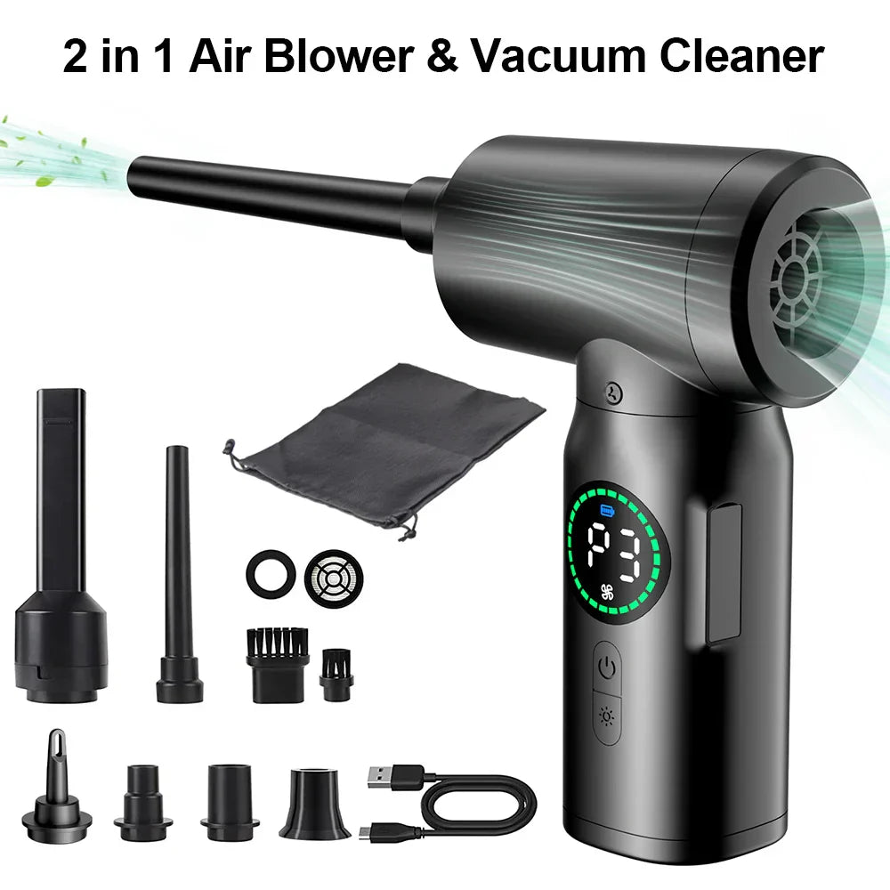 2-in-1 Luftgebläse und Staubsauger, schwarz, mit Zubehör, USB-Ladekabel, tragbar, effizient.