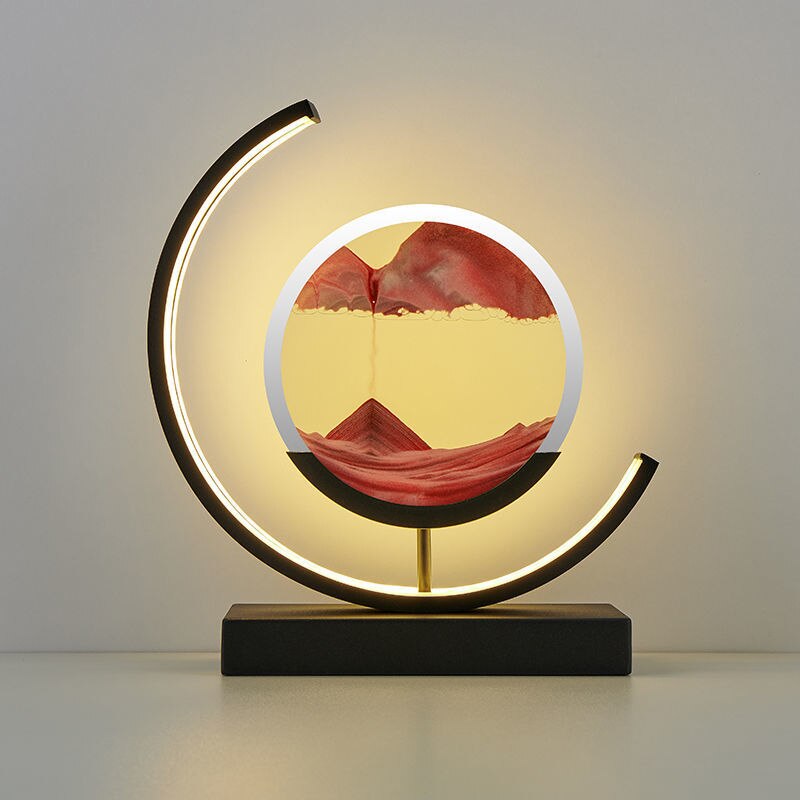 Moderne Sanduhrlampe mit LED-Beleuchtung, runder Rahmen, schwarz, dekorative Tischleuchte.