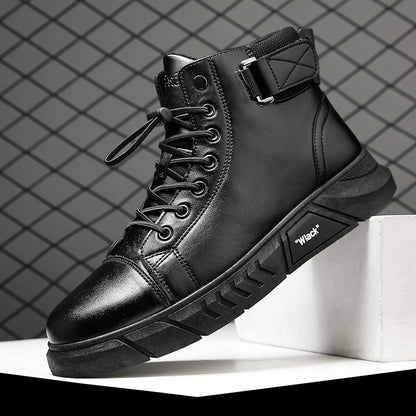 Schwarzer Herren-Sneaker-Stiefel, Leder, Schnürung, modisch, rutschfeste Sohle.