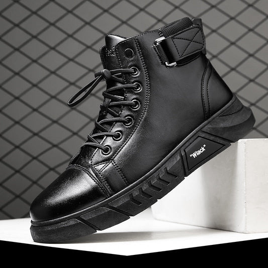 Schwarzer Herren-Sneaker-Stiefel, Leder, Schnürung, modisch, rutschfeste Sohle.