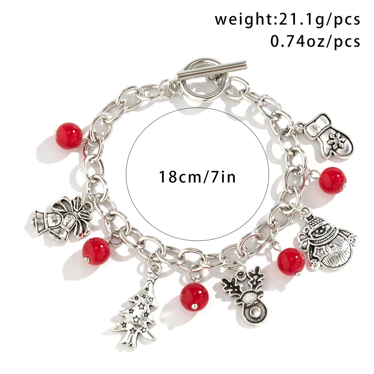 Silberarmband mit Weihnachtsanhängern und roten Perlen, 18 cm, festlich, Schmuck.