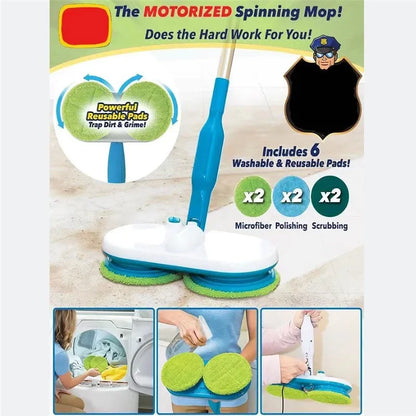 Motorisierter Wischmopp mit wiederverwendbaren Mikrofaserpads, blau-grün, 6-teiliges Set.