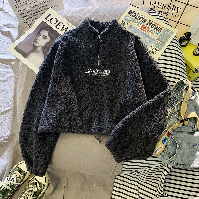 Schwarzer Fleece-Pullover mit Reißverschluss, "California"-Aufdruck, lässig, warm, modisch.