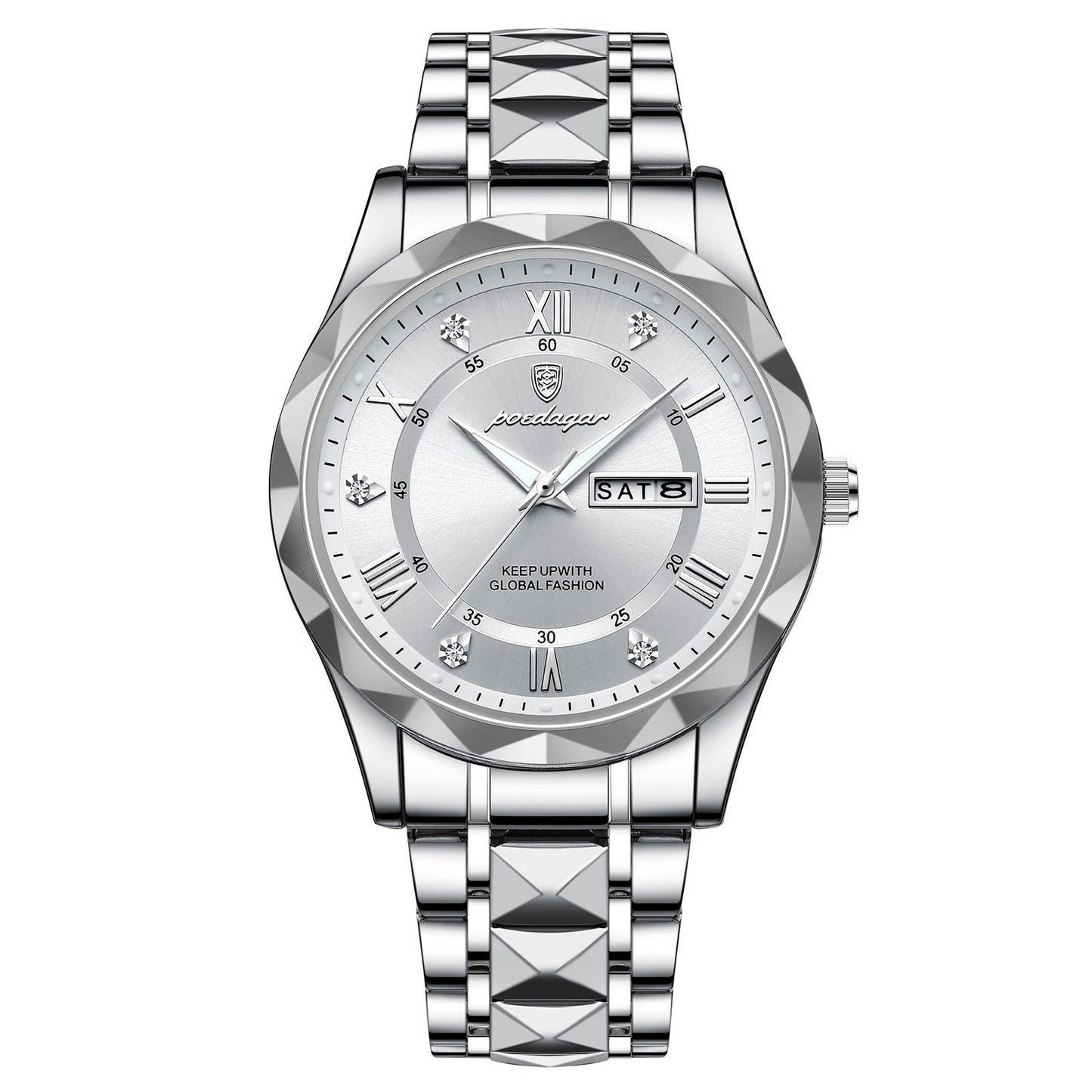Silberne Herrenarmbanduhr mit Datumsanzeige, Edelstahlarmband, römische Ziffern, elegant.