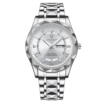 Silberne Herrenarmbanduhr mit Datumsanzeige, Edelstahlarmband, römische Ziffern, elegant.