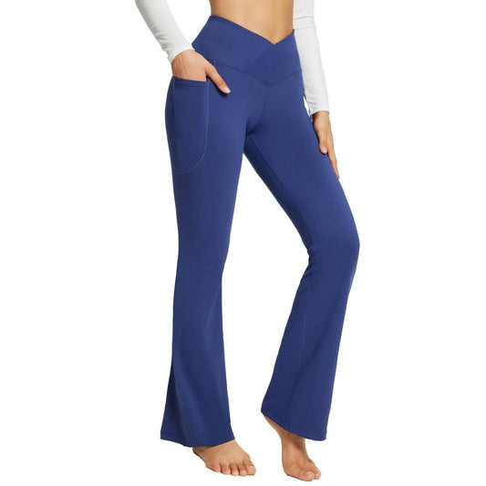Blaue Yogahose Damen, Bootcut, mit Taschen, elastisch, bequem, Sportbekleidung.