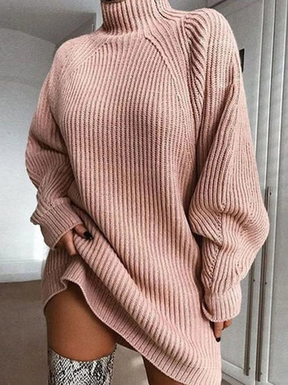 Damen Oversize Strickpullover, rosa, Rollkragen, grob gestrickt, modisch, gemütlich.