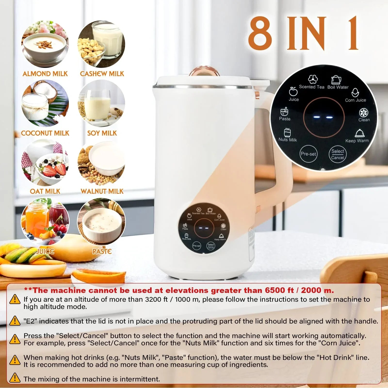 8-in-1 Nussmilchmaschine, weiß, multifunktional, digitale Steuerung, für Mandel- und Hafermilch.