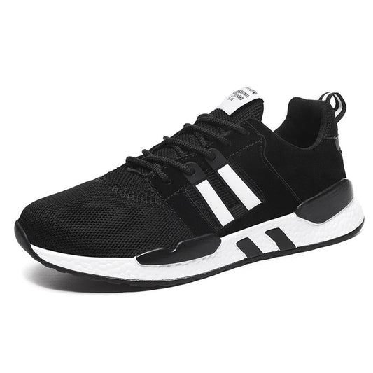Schwarzer Sportschuh, Herren, atmungsaktiv, Adidas-Stil, weiß-schwarze Streifen, Laufschuh.
