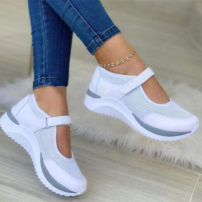 Weiße Damen-Sneaker mit Klettverschluss, atmungsaktiv, sportlich, bequem, modisch.