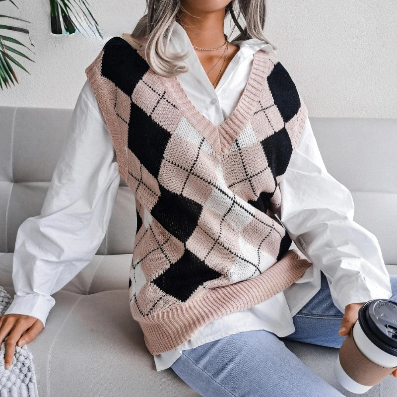 Damen Kariertes Strickwesten-Top – Yara