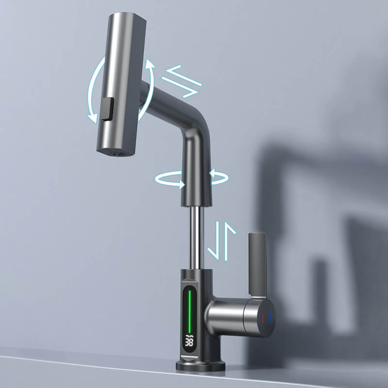 Moderner Edelstahl-Wasserhahn mit digitaler Temperaturanzeige und schwenkbarem Auslauf.