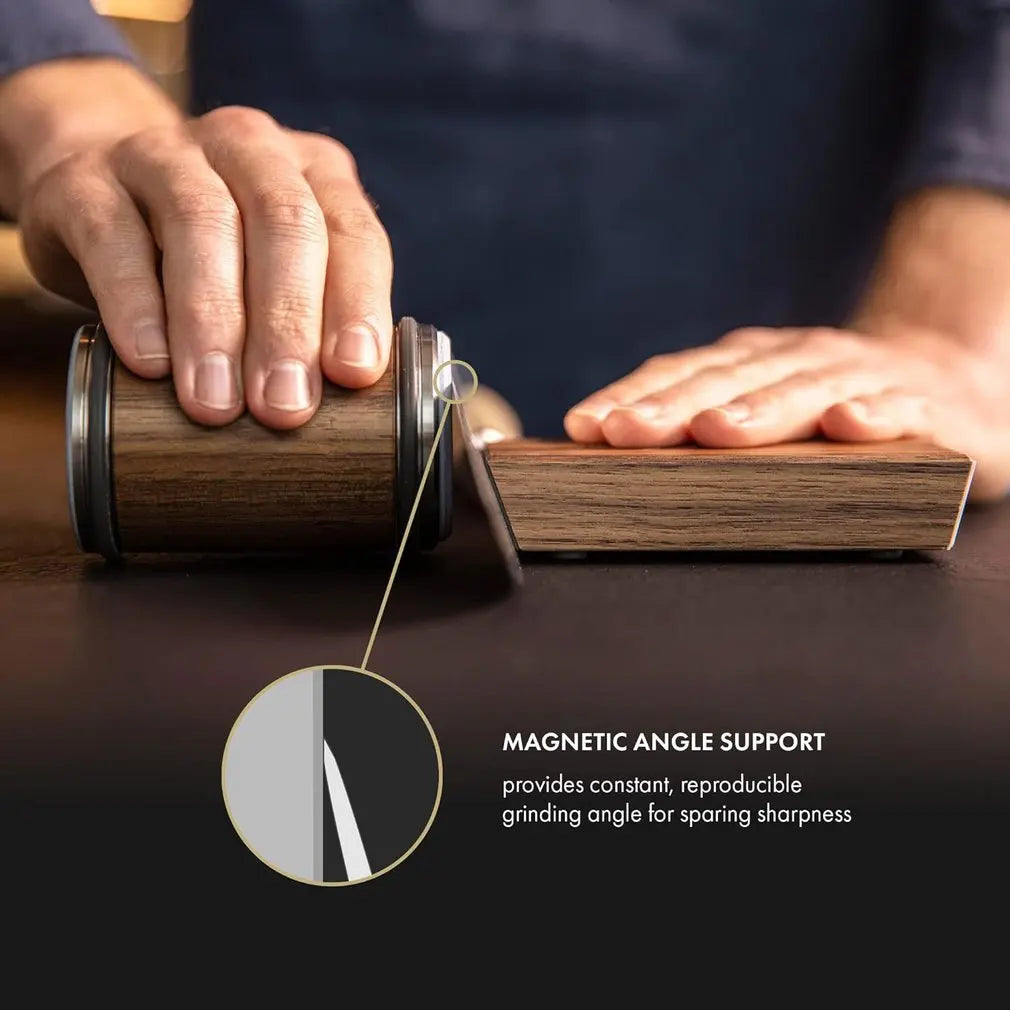 Messer-Schärfer mit magnetischer Winkelführung, Holzoptik, für präzises Schleifen.