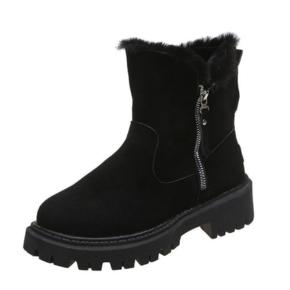 Schwarzer Damen-Winterstiefel mit Reißverschluss, Kunstfellfutter, robuster Sohle.