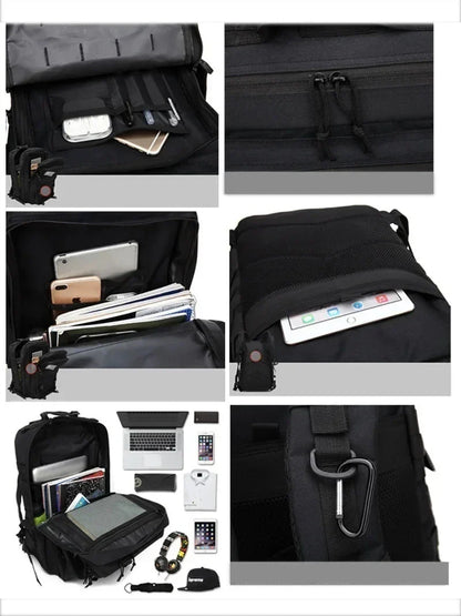 Schwarzer taktischer Rucksack mit Laptopfach, USB-Anschluss, mehreren Taschen und Karabiner.