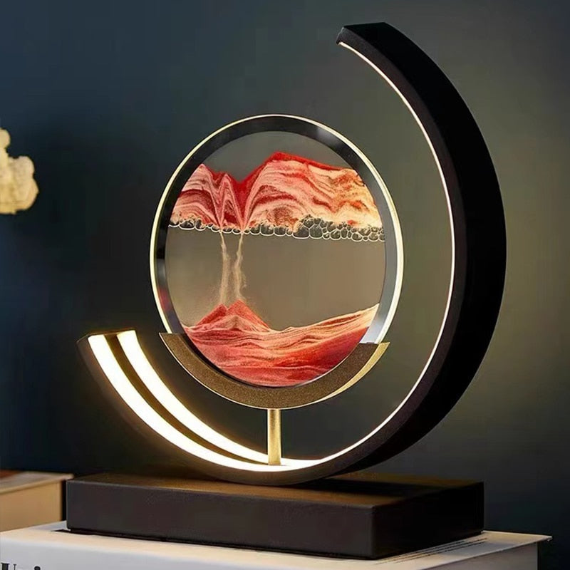 Moderne Sanduhr-Dekoration mit LED-Licht, rot-schwarzes Design, ideal für Wohnzimmer.