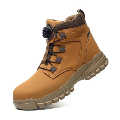 Knöchelhoher Arbeitsstiefel mit Drehverschluss in Hellbraun mit beiger Sohle, Seitenansicht auf weißem Hintergrund 6