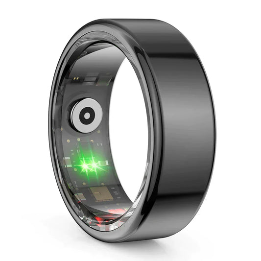 Schwarzer Smart-Ring aus Edelstahl mit LED-Anzeige, Fitness-Tracker, moderner Schmuck.