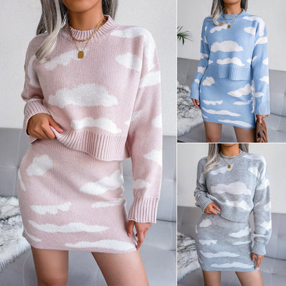 Damen Strickkleid Set, rosa, blau, grau, Wolkenmuster, langärmelig, modisch, bequem.