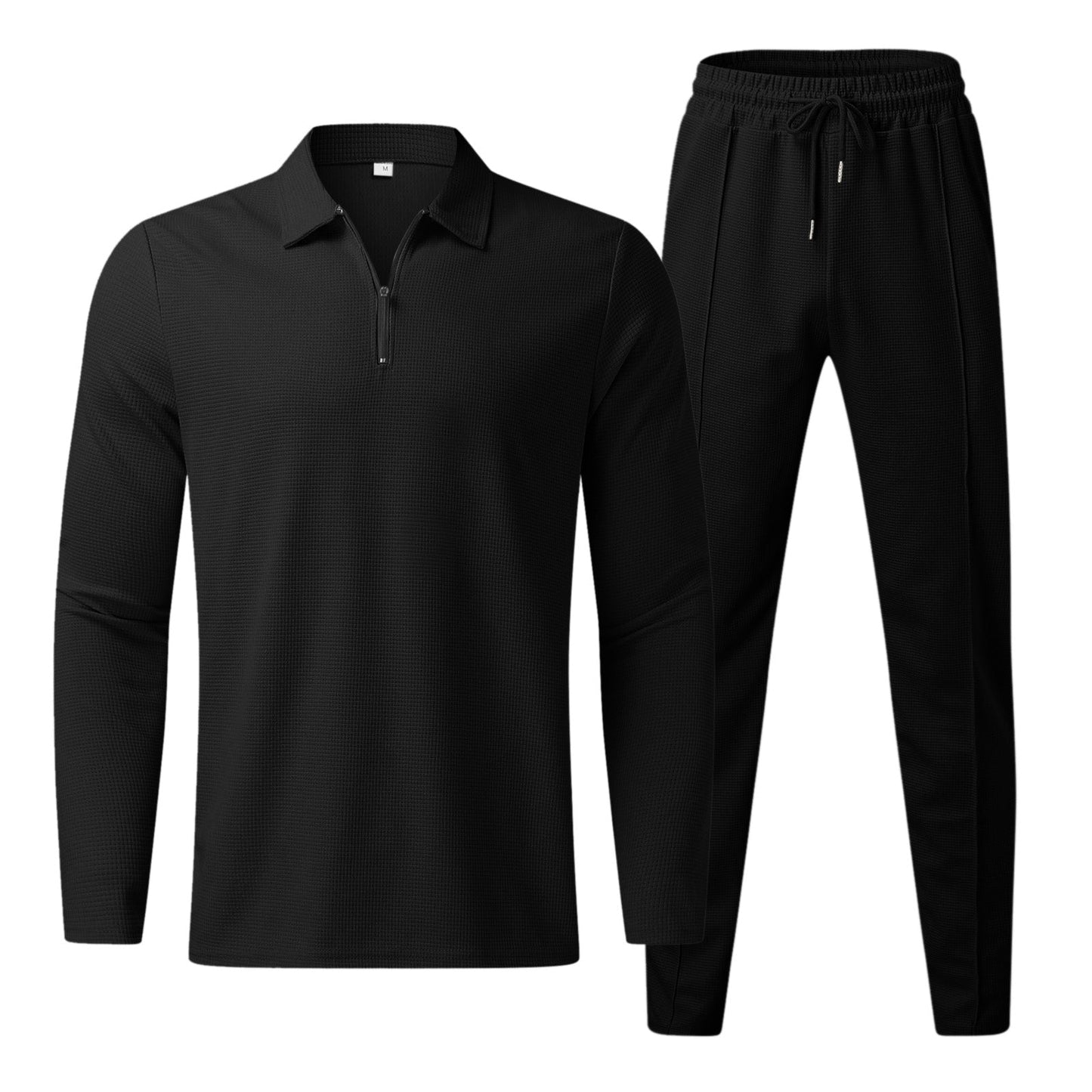 Schwarzer Herren-Trainingsanzug, langärmelig, Reißverschluss, Jogginghose, Sportbekleidung.