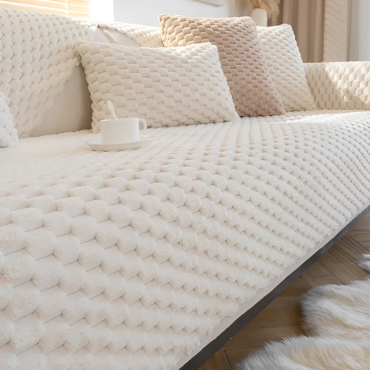 Weiße, flauschige Sofadecke mit Wabenmuster, dekorative Kissen, gemütliches Wohnzimmer-Design.