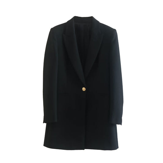 Schwarzer Damenblazer mit goldenen Knopf, elegantes Design, Businessmode, klassischer Schnitt.