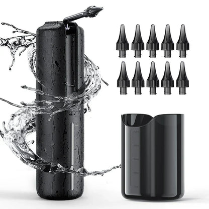 Schwarze elektrische Munddusche mit 10 Düsen und Wasserbehälter, tragbar, wasserdicht.