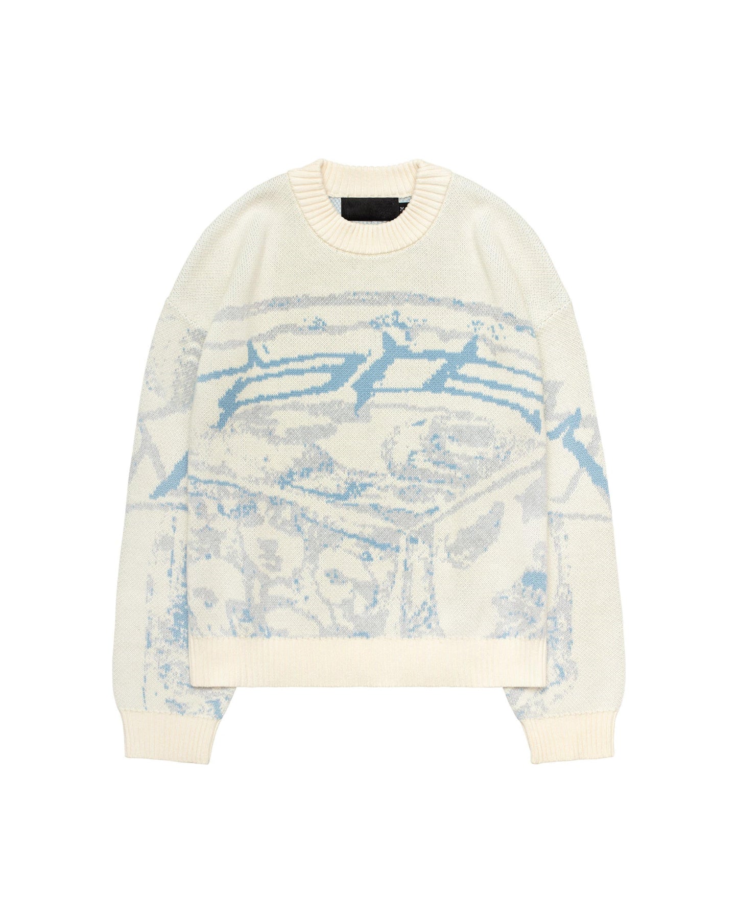 Cremefarbener Strickpullover mit blauem abstraktem Muster, Unisex, Baumwolle, modisch.