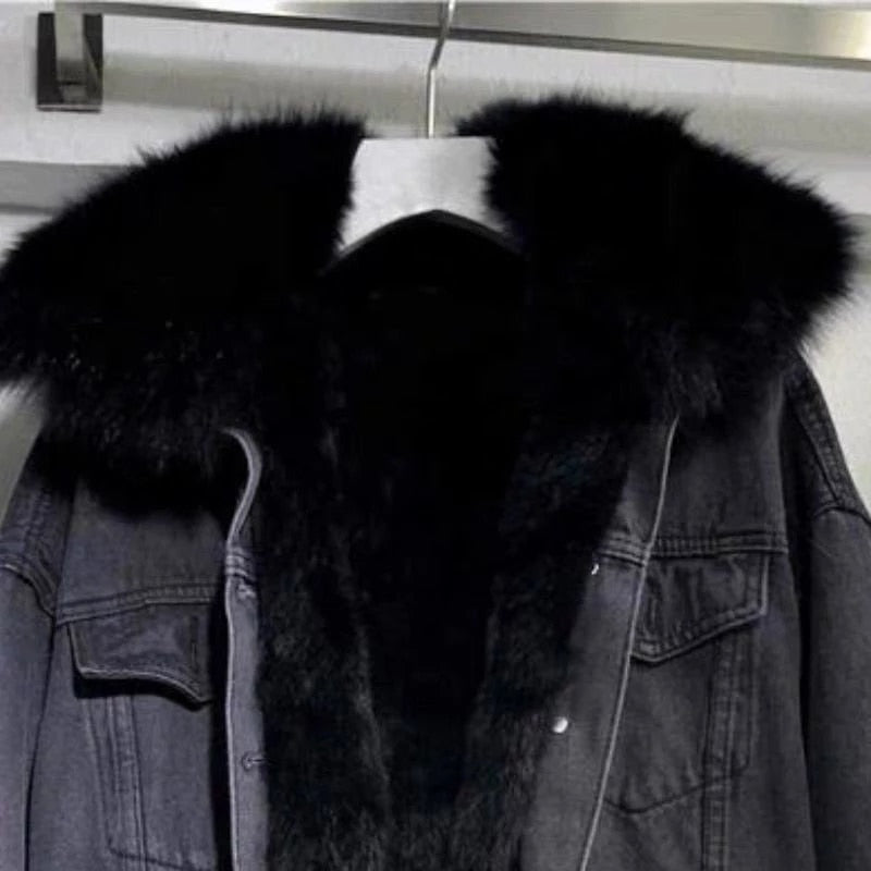 Schwarze Jeansjacke mit Kunstfellkragen, modisch, warm, Winterbekleidung, Unisex.