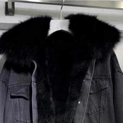 Schwarze Jeansjacke mit Kunstfellkragen, modisch, warm, Winterbekleidung, Unisex.