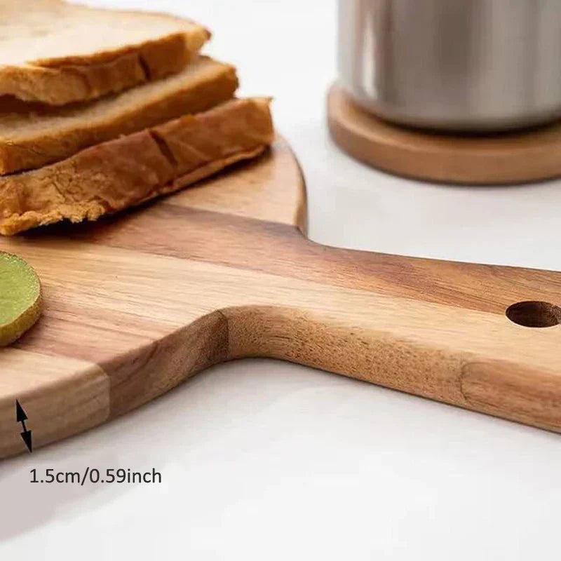 Holzschneidebrett mit Griff, Brotscheiben, Edelstahlbecher, Küche, 1,5 cm dick