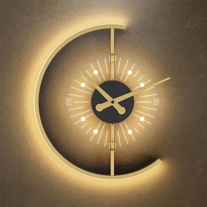 Moderne Wanduhr LED Beleuchtung, goldfarben, kreisförmiges Design, dekorativ, Wohnzimmer.