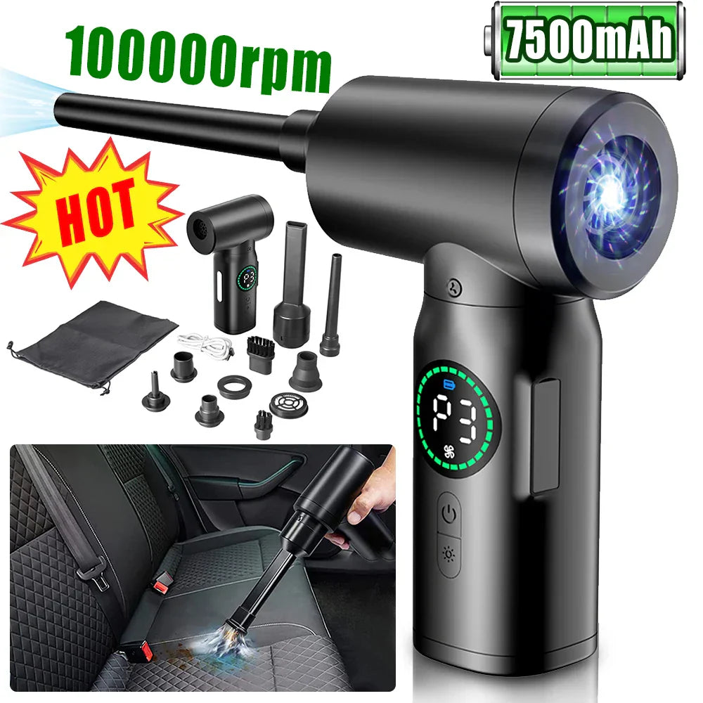 Schwarzer kabelloser Luftstaubgebläse, 7500mAh, 100000rpm, für Auto- und Haushaltsreinigung.