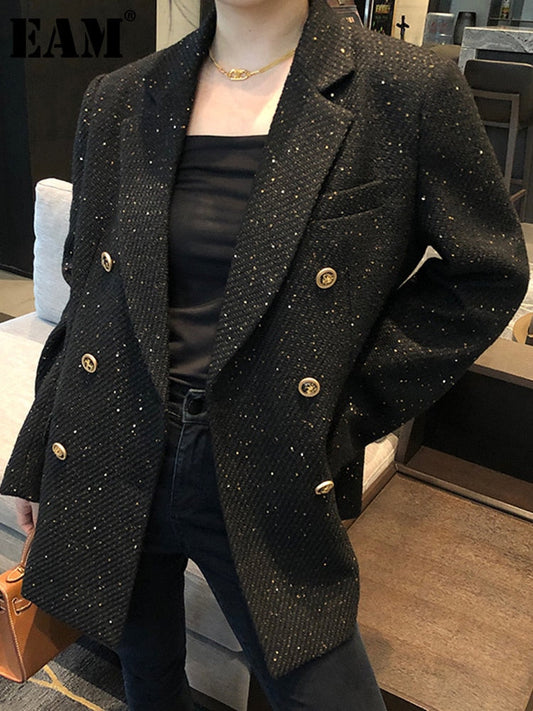 Damen Blazer Schwarz, Doppelreiher, Goldknöpfe, Elegante Damenmode, Herbst Winter Outfit
