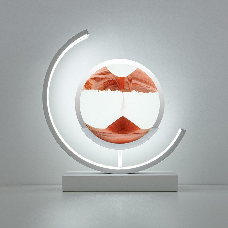 Leuchtende Sanduhr mit weißem Rahmen, moderne Dekoration, LED-Licht, minimalistisch.