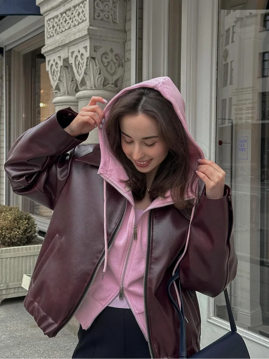 Braunes Leder Damenjacke mit Reverskragen – Giulia